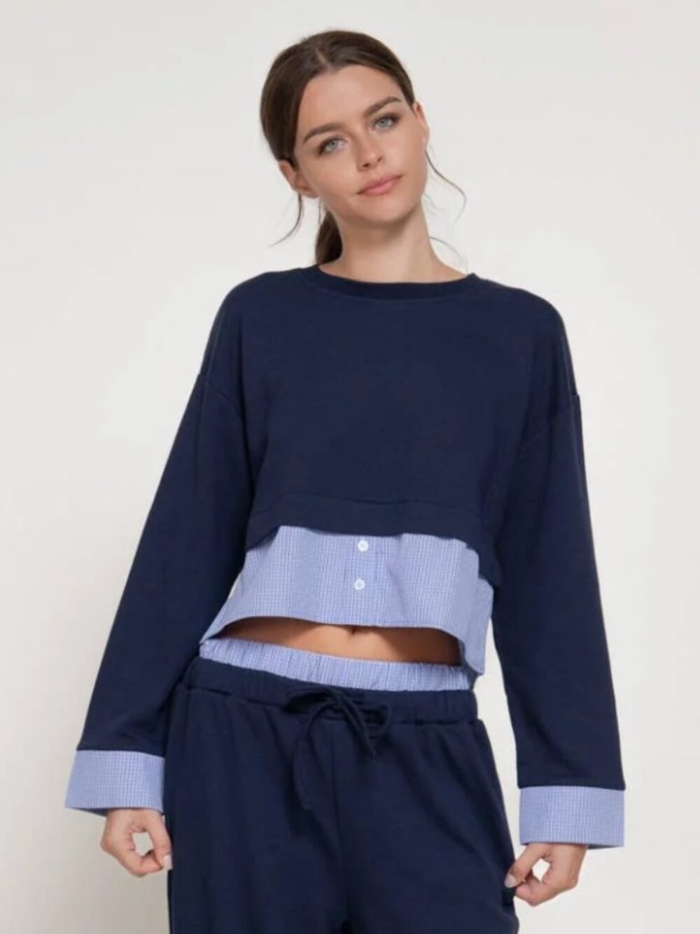 Active USA Women's Navy Check Panel Sweatshirt - L